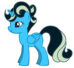 My MLP OC: a sky blue alicorn pony with black hair with silver-green highlights.