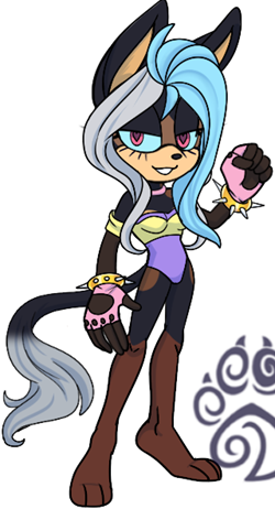 My Sonic OC. Their body is black with brown accents, with long blue and silver hair. Wears a purple leotard, yellow shirt, and pink spiked bracelets. They also have pink heart-shaped eyes.